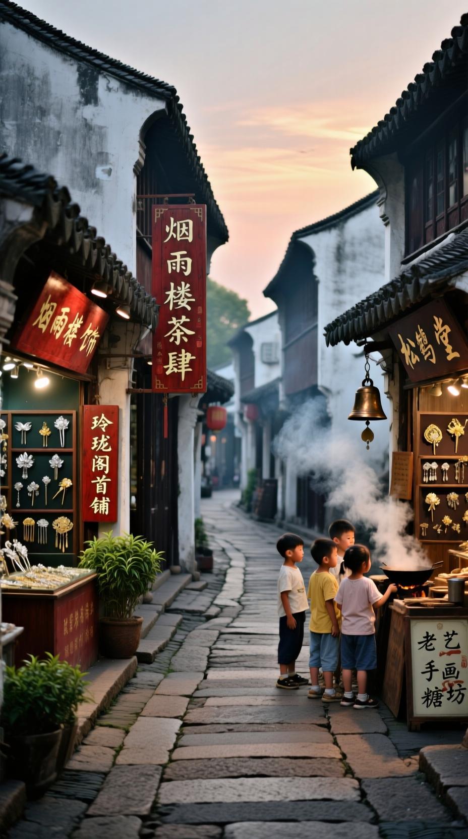 AI生成图片: 江南明清古街，青石板路蜿蜒铺展，两侧黛瓦白墙鳞次栉比，临街门店挂着朱红木质招牌 ——“烟雨楼茶肆” 飘出碧螺春茶香，“玲珑阁首饰铺” 陈列银鎏金簪钗，“松鹤堂药铺” 的铜铃随风轻响，街角 “老手艺糖画 - Galatea AI免费AI图片生成器