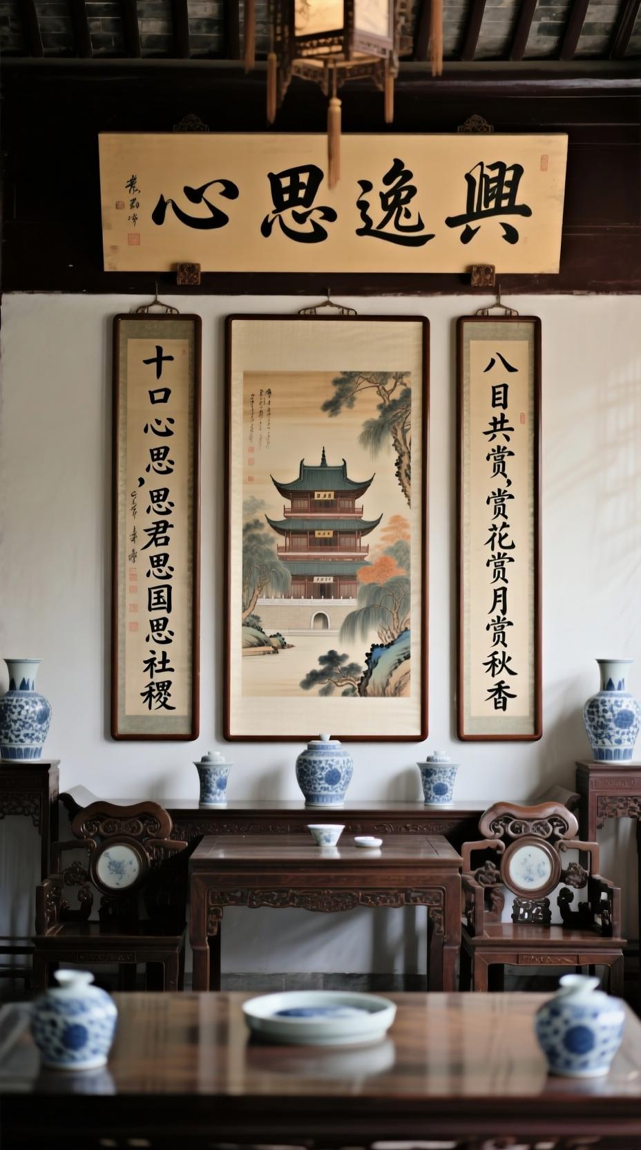 AI生成图片: 一副典雅庄重的对联悬挂于厅堂之中，房间是个安静古典的中式布置，桌子上放着一些青花瓷，对联上左书“十口心思，思君思国思社稷”，右书“八目共赏，赏花赏月赏秋香”， 横批“心思逸兴”，字体飘逸，中间挂在一着 - Galatea AI免费AI图片生成器