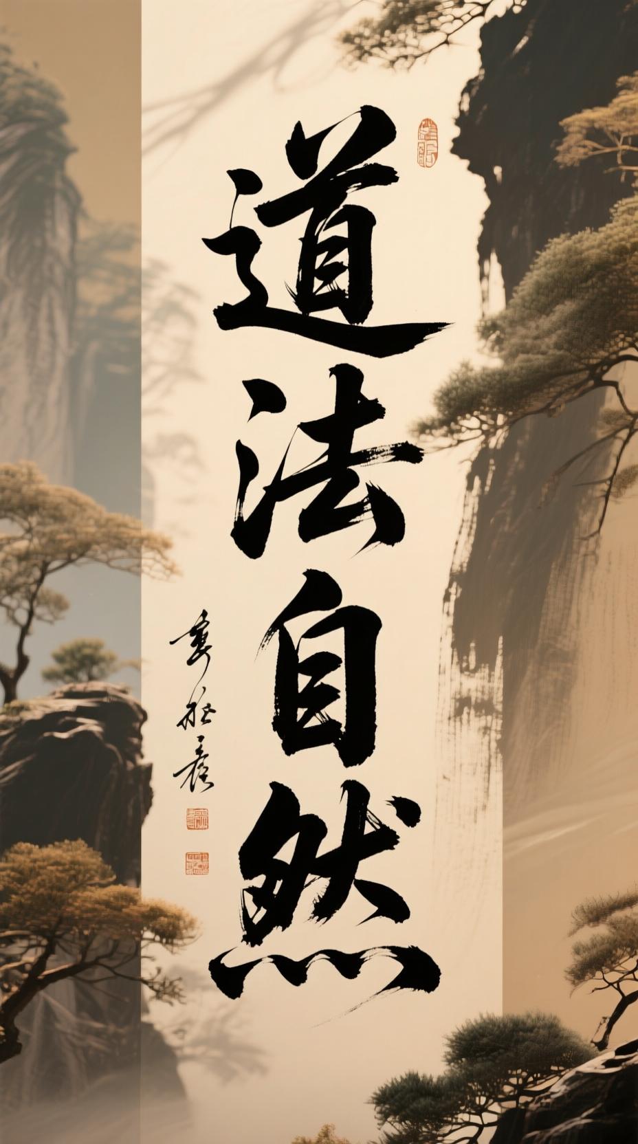 AI生成图片: 书法作品：“道法自然”，字体刚劲有力，浑然天成 - Galatea AI免费AI图片生成器