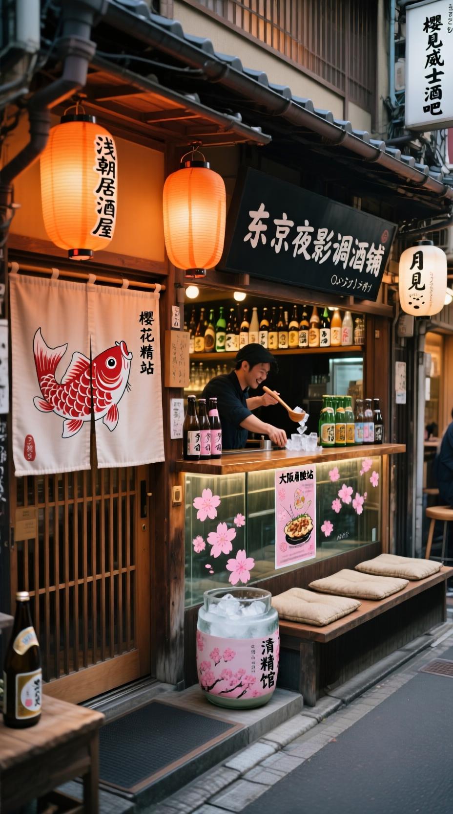 AI生成图片: 藏在巷弄里的日式酒吧街，暖橙灯笼挂在门店檐下，木质拉门不时传出谈笑声 ——“浅草居酒屋” 的暖帘印着红色鲤鱼纹，门口摆着冰镇清酒坛；“东京夜影调酒铺” 的黑色招牌写着日文，吧台后陈列着数十种日本烧酒； - Galatea AI免费AI图片生成器