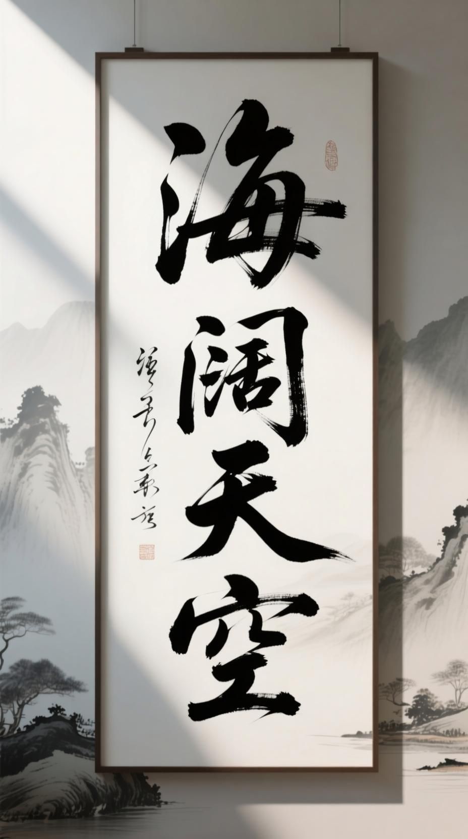 AI生成图片: 书法作品：海阔天空。采用行书风格，笔触流畅有力，背景为淡雅水墨山水，前景为大字书法，光线从左上角照射，形成轻微的阴影，增强立体感，构图平衡，留白恰到好处，适合挂在书房或办公室。 - Galatea AI免费AI图片生成器