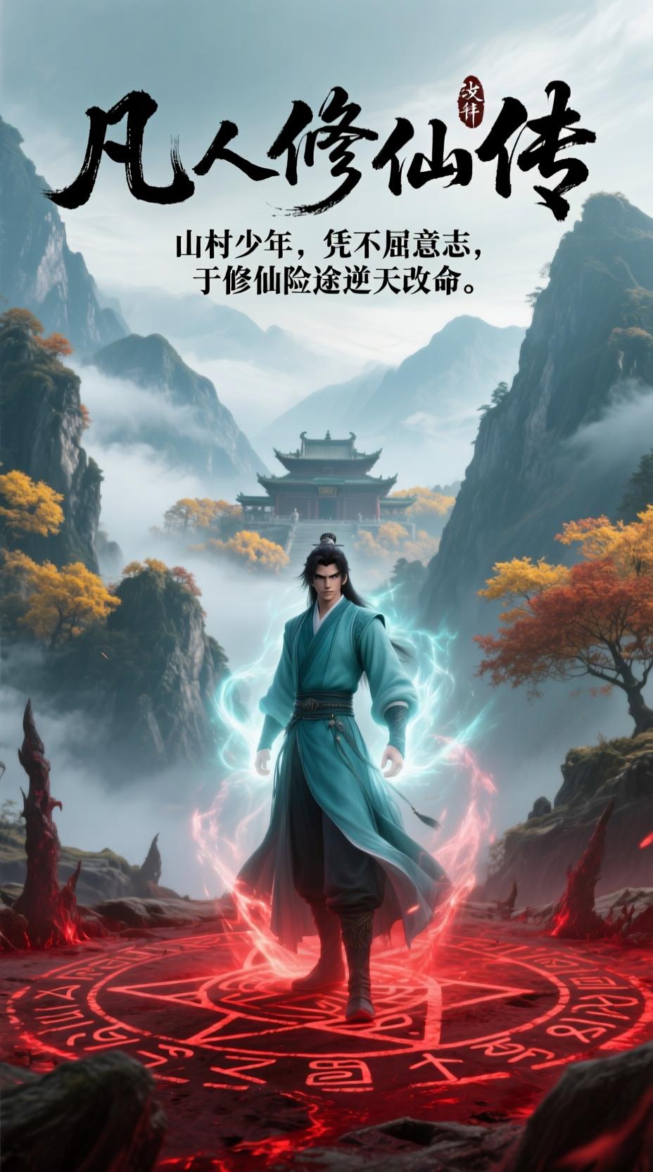AI生成图片: 画面主体为韩立，一袭青衣，面容黝黑却眼神坚毅，身周灵力光芒闪烁。身后是巍峨险峻、云雾缭绕的修仙山脉，远处黄枫谷的殿宇若隐若现。韩立脚下，血色试炼之地的神秘符文散发诡异红光。海报上方，用古朴篆体写着 “ - Galatea AI免费AI图片生成器