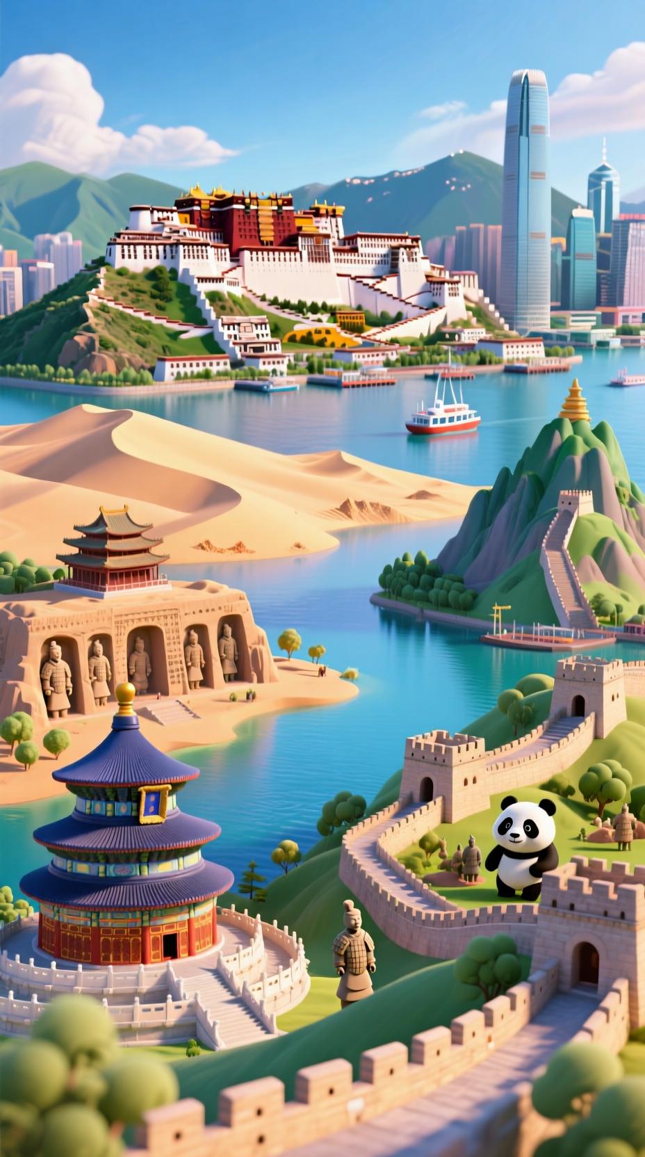 AI生成图片: 中国主要城市地标:,北京天坛, 西安兵马俑, 拉萨布达拉宫, 新疆喀纳斯湖,敦煌鸣沙山 , 香港维多利亚港, 贵州梵净山, 敦煌莫高窟, 长城八达岭, 成都大熊猫繁育研究基地, 广州珠江新城等等，3D - Galatea AI - AI图片生成器