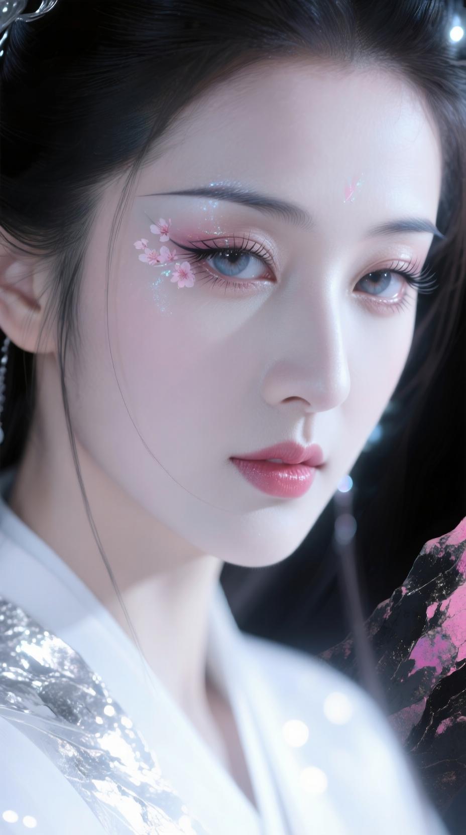 AI生成图片: 一位倾国倾城的美人，浪漫古风，绝美的容貌，精致的妆容，眼部妆容，眼若秋水，清澈迷人深邃，神秘，脸部特写，如羊玉脂般白嫩的肌肤，眉眼如画，长长的睫毛，桃花眼，多情妩媚，水嫩的唇妆，冷艳，媚而不妖，楚楚动 - Galatea AI - AI图片生成器