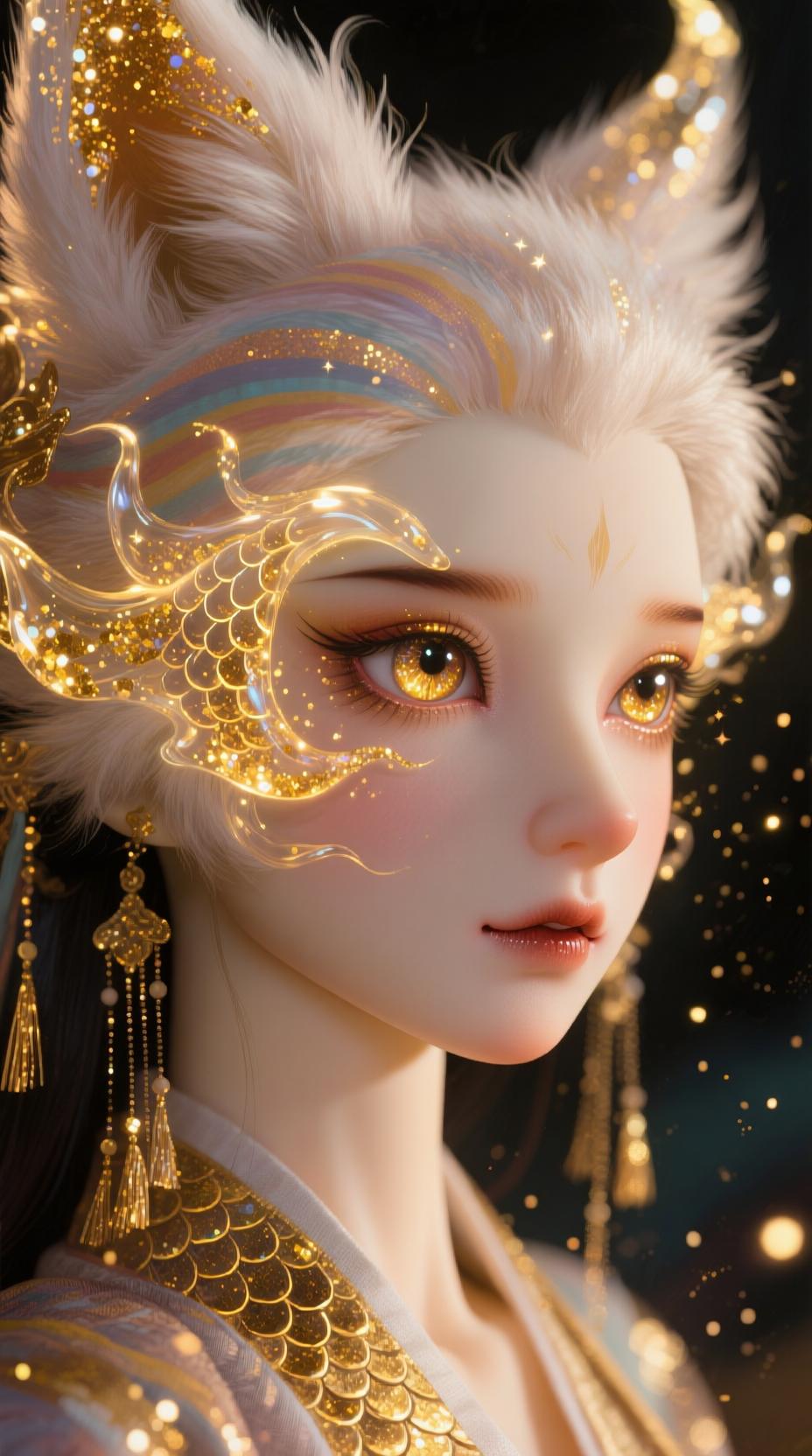 AI生成图片: 一个由粒子组成的古风插画，笔触，明暗对比，超高清，垂坠感，高级感，最高画质，细腻渲染，邪魅，粒子发光生物发光金色闪片透明流体环绕眼眸，丰富细节，朦胧感，鳞片，河灿烂的眼眸，从眉眼间飘过行云流水和万千星 - Galatea AI - AI图片生成器