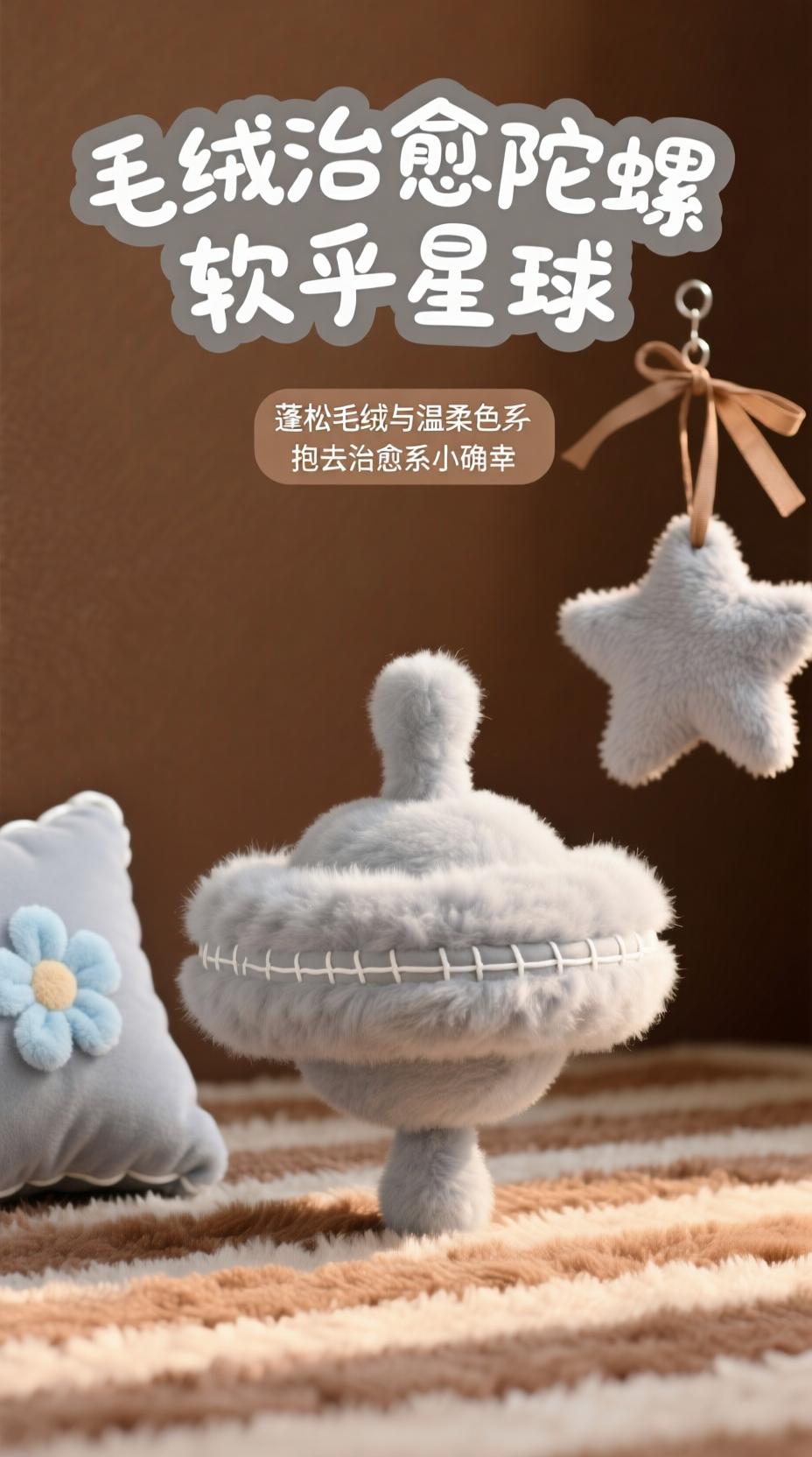 AI生成图片: 毛绒风格，照片级写实，核心主体是浅灰色毛绒材质的对称陀螺形物体（严格遵循参考图轮廓，表面覆盖柔软蓬松毛绒，边缘因毛绒堆积呈自然蓬松感，白色明线缝合仿毛绒玩具工艺），毛绒质感柔软且带细微绒毛纹理；辅助元 - Galatea AI - AI图片生成器